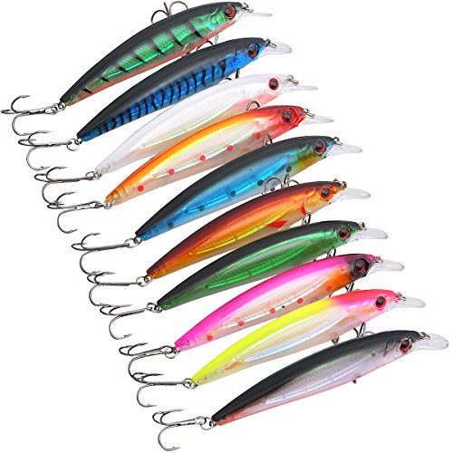 Piscifun 10pcs Plastic Minnow Fishing Lures Baits Deep Diver Sinking Bass Crankbaits with 3d Eyes Two VMC Treble Hooks 4.33inch 0.48oz
