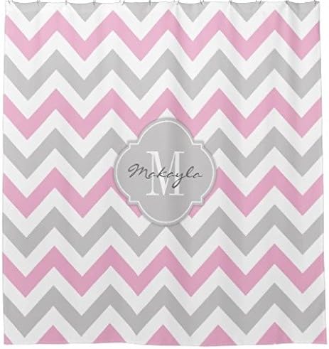 Honeyun Cottoncandy Pink and Gray Chevron with Monogram Shower Curtain 60 x 72 In