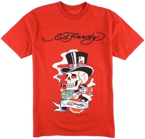 Ed Hardy Mens Smoking Magic Skull Graphic Tee Shirt - Red
