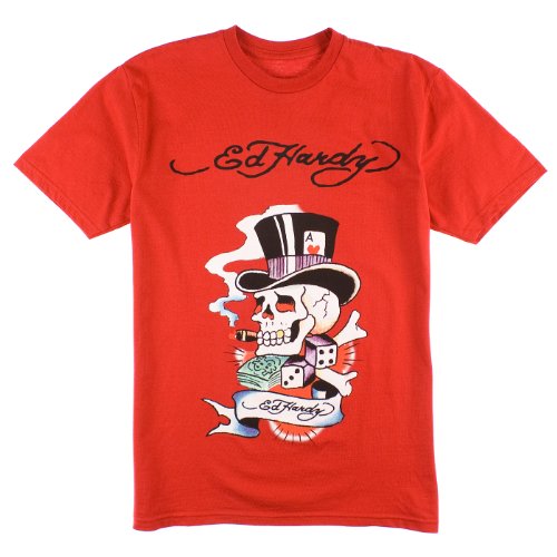 Ed Hardy Mens Smoking Magic Skull Graphic Tee Shirt - Red