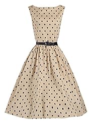 Cotton/Elastane Bateau Neck Flared-Skirt Belted Vintage  Dress