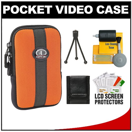 Tamrac 3814 Neoprene Neo's Pocket Video Camcorder/ Camera Case (Rust) with Tripod + Cleaning Accessory Kit for Sony Bloggie MHS-PM5, TS10, TS20, FS1, FS2 and FS3 (3D)