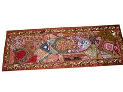 Ethnic Rust Orange Red Beaded Vintage Sari Wall Hanging India Table Tapestry 60