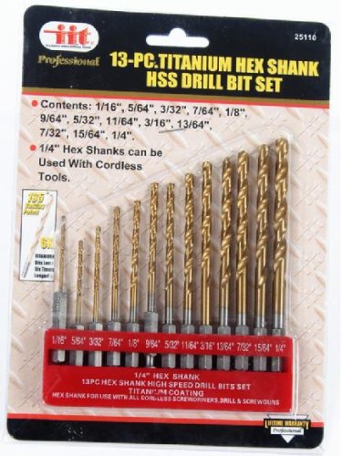 13 Pc Titanium Hex Shank HSS Drill Bit Set
