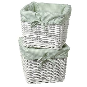 Set of 2 White Baskets with Sage Gingham Liners