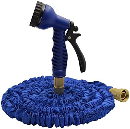 Greenyourlife 25 Feet Expandable Garden Hose Kink-free Double Latex Fabric Water Pipe with Brass Connector and 7 Function Spray Nozzle & Shut off Valve - Blue