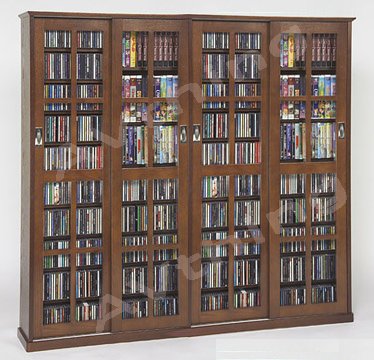 Leslie Dame Glass Sliding 4 Door Multi-Media Storage Cabinet MS-1400 Walnut