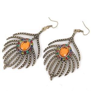 vintage antique bronze peacock feather carved crystal hook dangle chandelie earrings