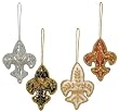 Antique Style Embroidered and Sequined Fleur De Lis Christmas Ornaments 4 1/2"x3 1/4" Set of 4