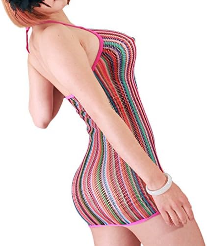 Chengzhicai Women Sexy Lingerie Rainbow Fishnet Mini Dress Novelty Stretch Chemise