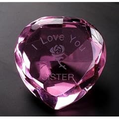 Engraved Pink Crystal Heart, "I LOVE YOU SISTER" With Engraved Rose; Crystal Heart Measures 5 x 5 x 2.5 cm, Gift Boxed