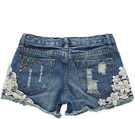 Yesiyan Women's Slim Fit Crochet Lace Hole Cute Denim Shorts (US S)