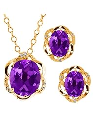 6.87 Ct Oval Purple Amethyst Gold Plated Silver Pendant Earrings Set