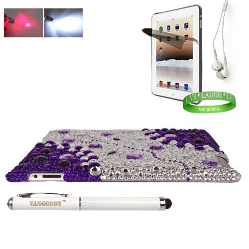 Bedazzled Diamond Purple Cover Hard Case for all models of The New Apple iPad ( 3rd Generation, iPad3, wifi , + AT&T 3G , 16 GB , 32GB , MC707LL/A , MD328LL/A , MC705LL/A , MC706LL/A , MD329LL/A , MD368LL/A , ect.. ) + iPad Compatible White Earbud Earphones + iPad 3 Screen Protector with Anti Glare + Vangoddy Wrist Band + Vangoddy iPad 3 Stylus with Laser Pointer & LED Light (Batteries Included)