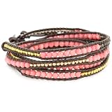 Chan Luu Salmon Coral And Plated Beads On Tamba Leather Wrap Bracelet