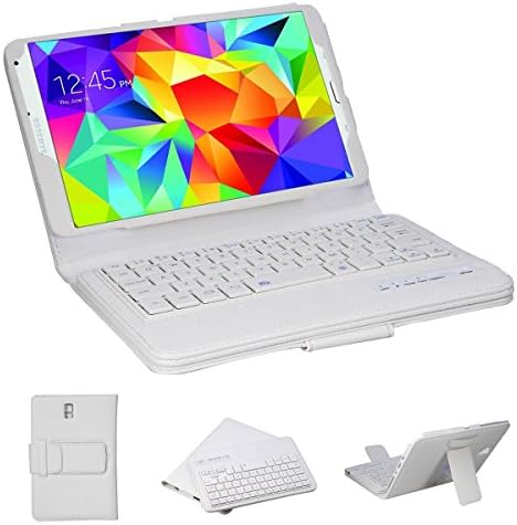 BMOUO Samsung Galaxy Tab S 8.4 Bluetooth Keyboard Portfolio Case - DETACHABLE Bluetooth Keyboard Stand Case / Cover for Samsung Galaxy Tab S 8.4" 8.4 inch Tablet SM-T700 SM-T705 (W/ Bluetooth Camera Function) - White Color