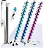 Bundle of 3PCS Premium Branded 5.5" Thin-Tip High Precision Universal Capacitive Stylus Pens + Extra 3 Replaceable Tips and 3 X 15" Detachable Elastic Lanyards (Aqua Blue/Dark Blue/Purple)