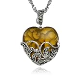 Sterling Silver Marcasite and Yellow Glass Heart Pendant, 18"