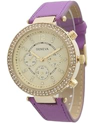 Womens Geneva Dual Stone Leather Watch - Purple