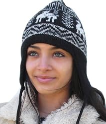 Handmade Traitional Alpaca Natural Fiber Hat with Earflaps - Andean Black and White (One Size Fits Most Adult Women/teens)