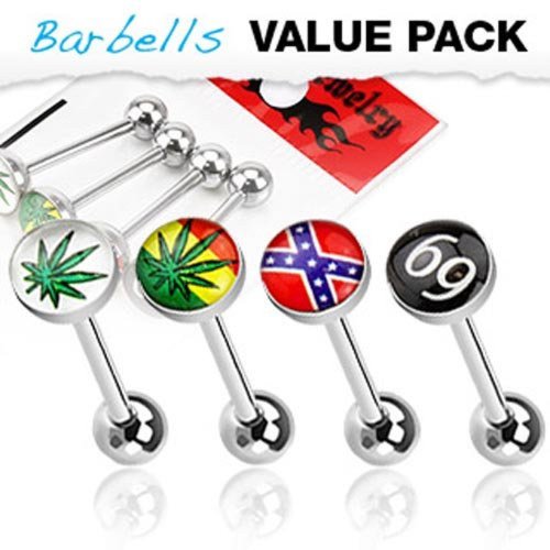 4Pcs Logos Tongue Rings 316L Surgical Steel Barbell with Epoxy Dome Ball