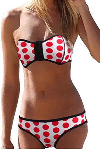 SOTW Luxury Zip-up Polka Dot Neoprene 2 Piece Bikini Set Swimsuit Swimwear