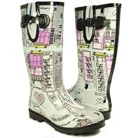 Pink Grey Rainboots City Scene Hearts Rubber Boots