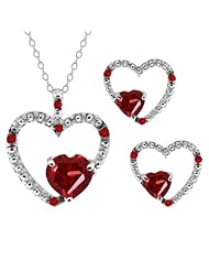 2.10 Ct Heart Shape Red Garnet Gemstone 14k White Gold Pendant Earrings Set