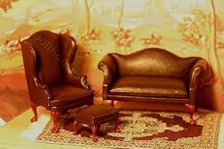 Miniature Brown Leather English Traditional Sofa Set