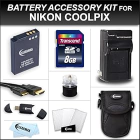 Clearmax® 8gb Accessories Kit for Nikon Coolpix P310, S6300, S9300, S1200pj, AW100, S100, S8200, S6200, P300, S9100, S6100, S8100, S1100pj, S8000, S6000, S1000pj, S70, S640, S630, S620, S710 Digital Camera Includes Transcend 8gb Class 10 SD Memory Card + Extended Replacement EN-EL12 Battery + AC/DC 