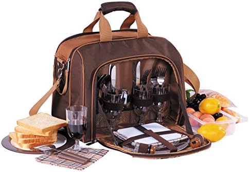 Apollowalker Outdoor Picnic Basket Bag for 4 Person with Cooler Compartment includes Tableware, Coffee