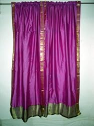 2 Violet Red Art Silk Sari Curtain Drape Panels Golden Green Border 84"