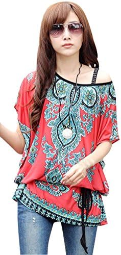 Women's Round Neck Batwing Sleeve Stretchy Pullover Tunic Shirt,Light Red