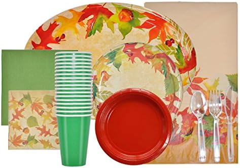Convenient Disposable Dinnerware Set ~Perfect For Thanksgiving and Autumn Holiday Parties ~ Includes Paper Plates, Napkins, Cups, Cutlery, Serving Platter &amp; Table Cover (Service for 18)