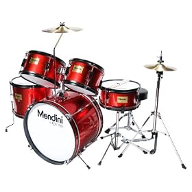 Mendini by Cecilio Complete 5-Piece 16" Bright Red Junior Drum Set + Cymbals, Drumsticks & Adjustable Throne MJDS-5-BR