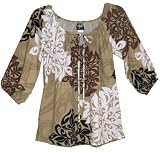 Peasant Blouse - Artistic Hawaiian Flower Adjustable Drawstring Front Women's 3/4 Sleeve Hawaiian Aloha Blouse - Plus Size
