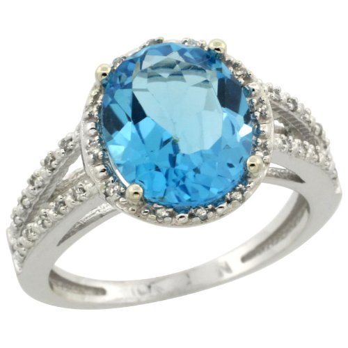 10k White Gold ( 11x9 mm ) Halo Engagement Sky Blue Topaz Ring w/ 0.105 Carat Brilliant Cut Diamonds & 4.35 Carats Oval Cut Stone, 7/16 in. (11mm) wide