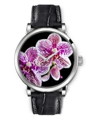 SPRAWL Aanalog Fashion Series Silver Ladies Watches of Genuine Black Leather Strap,Unique Wrist Watch for Women Girls Designed with Flowers with purple spots