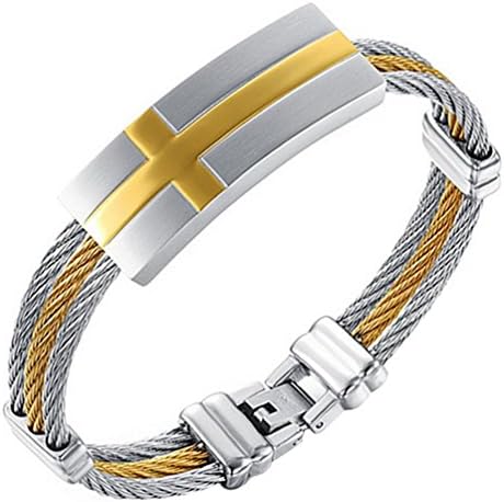 Tingem Mens Gold Silver Stainless Steel Twisted Cable Cross Bangle Cuff Wristband Bracelet