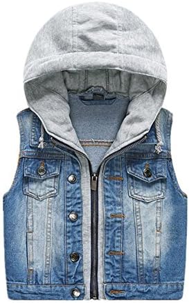 ISNOWKING Little Boys' Solid Denim Hooded Vest (4T, Blue)