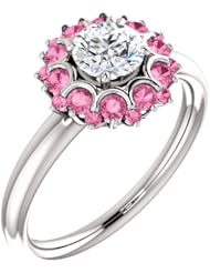 18K White Gold Round Cut Diamond and Pink Sapphire Flower Inspired Ring -- LIFETIME WARRANTY