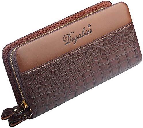 ColorsBL Mens Crocodile Grain Leather Clutch Bag Handbag Zipper Closure Wallet Organize Clutch Wallet Wirst Hand Bag Bi-fold Long Wallet (Brown)