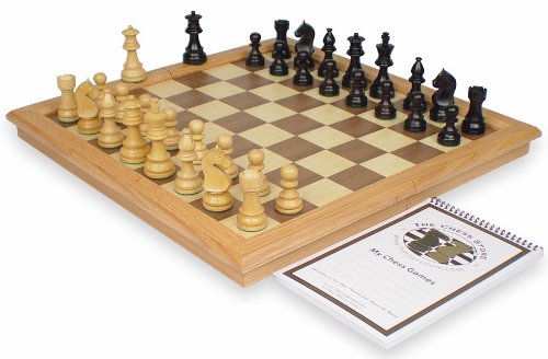 Royal Guard Staunton Chess Set Package in Ebonized Boxwood & Boxwood with Oak Framed Folding Chess Case - 3.25