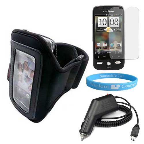 3 n 1 HTC Droid Eris Combo Kit: Black Exercise Armband + Premium Clear Screen Protector + Car Charger + Wisdom * Courage Wristband
