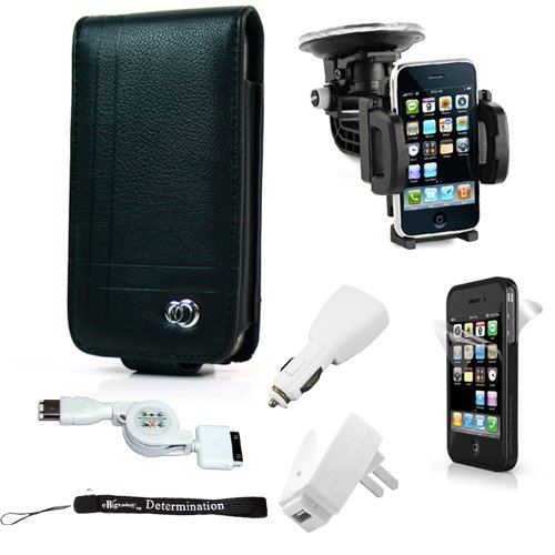 Black Wallet Melrose Synthetic Leather Cover for Apple iPhone 4 / 4th Generation compatible with 16GB / 32GB + 4-inch eBigValue (TM) Determination Hand Strap Key Chain + Includes a Rotadable GPS / Cell Phone Car Windshield Mount compatible for your iPhone 4 + Includes a Trave Accessorie Charge Kit; Home and Wall charger with a Retractable USB Sync Cable
