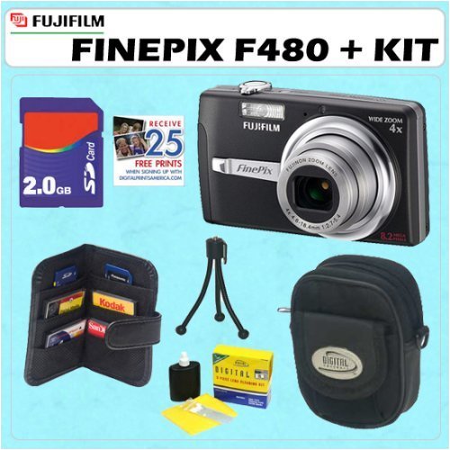 Fuji Finepix F480 8.2 MP Digital Camera with 2GB Accessory Kit. Includes 2 Gigabyte Secure Digital Memory Card, Compact Digital Camera Carrying Case, Memory Card Wallet, Cleaning and Care Kit, Flexible Mini Tripod, and a BONUS of 25 Free Quality Prints.