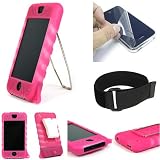 Apple iPhone 4gb 8gb Ultra Grip Ribbed Magenta Silicone Skin kit - 15 Workout Armband - Full Screen Protector - Video Kickstand - Belt-clip