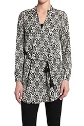 V-neck Mandarin Collar General Print Rayon Long Sleeves Belted Tunic 