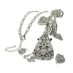 Silvertone Crystal Filigree Handbag Shoe Crown Charm Long Necklace Earring Set
