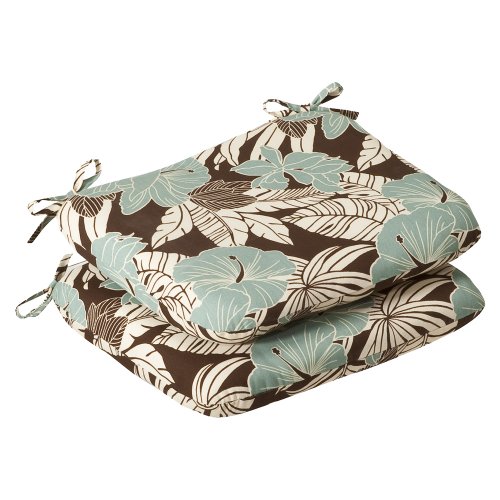 Pillow Perfect Outdoor Brown/Blue Tropical Seat Cushion, Rounded, 2-Pack